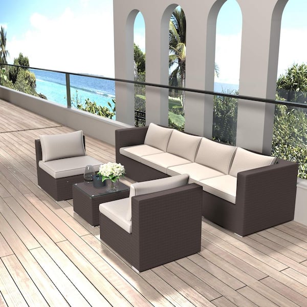 Unbranded Stylish Brown 7-Piece Wicker Outdoor Sectional Set with Beige Cushions for Patio, Porch