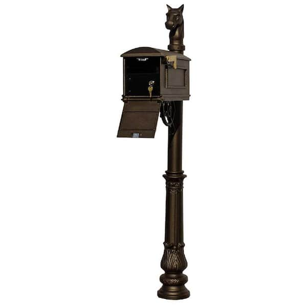 Unbranded Lewiston Bronze Post Mount Locking Insert Mailbox with decorative Ornate Base and Horsehead Finial