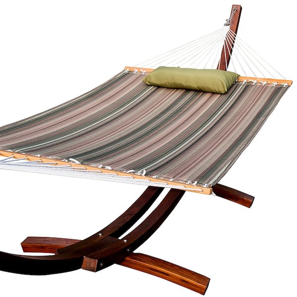 Wildaven 12 ft. Double Quilted Fabric Hammock with Spreader Bars in Mixed Green and Brown Stripe 2-Person Hammock
