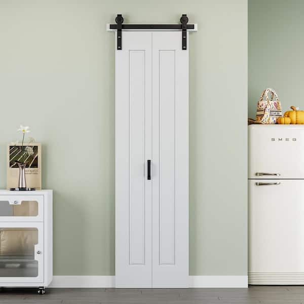 24 in. x 84 in. Paneled 1-Lite White Primed MDF Composite Bi-fold Sliding Barn Door with Hardware Kit and Handle