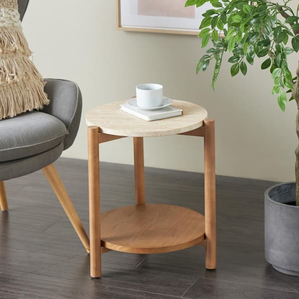 Litton Lane 16 in. Brown Handmade Round Wood End Table with Beige Marble Top