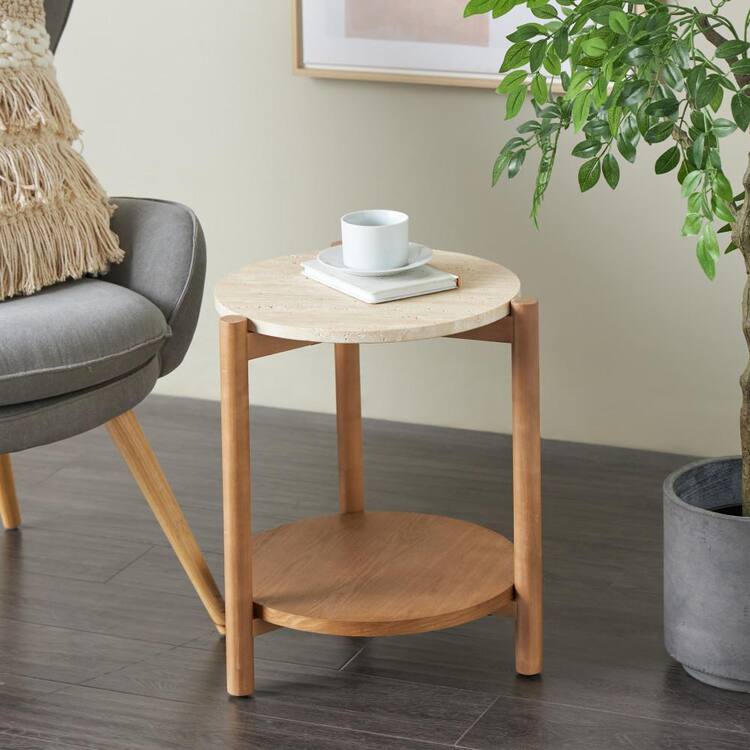 Litton Lane 16 in. Brown Handmade Round Wood End Table with Beige Marble Top