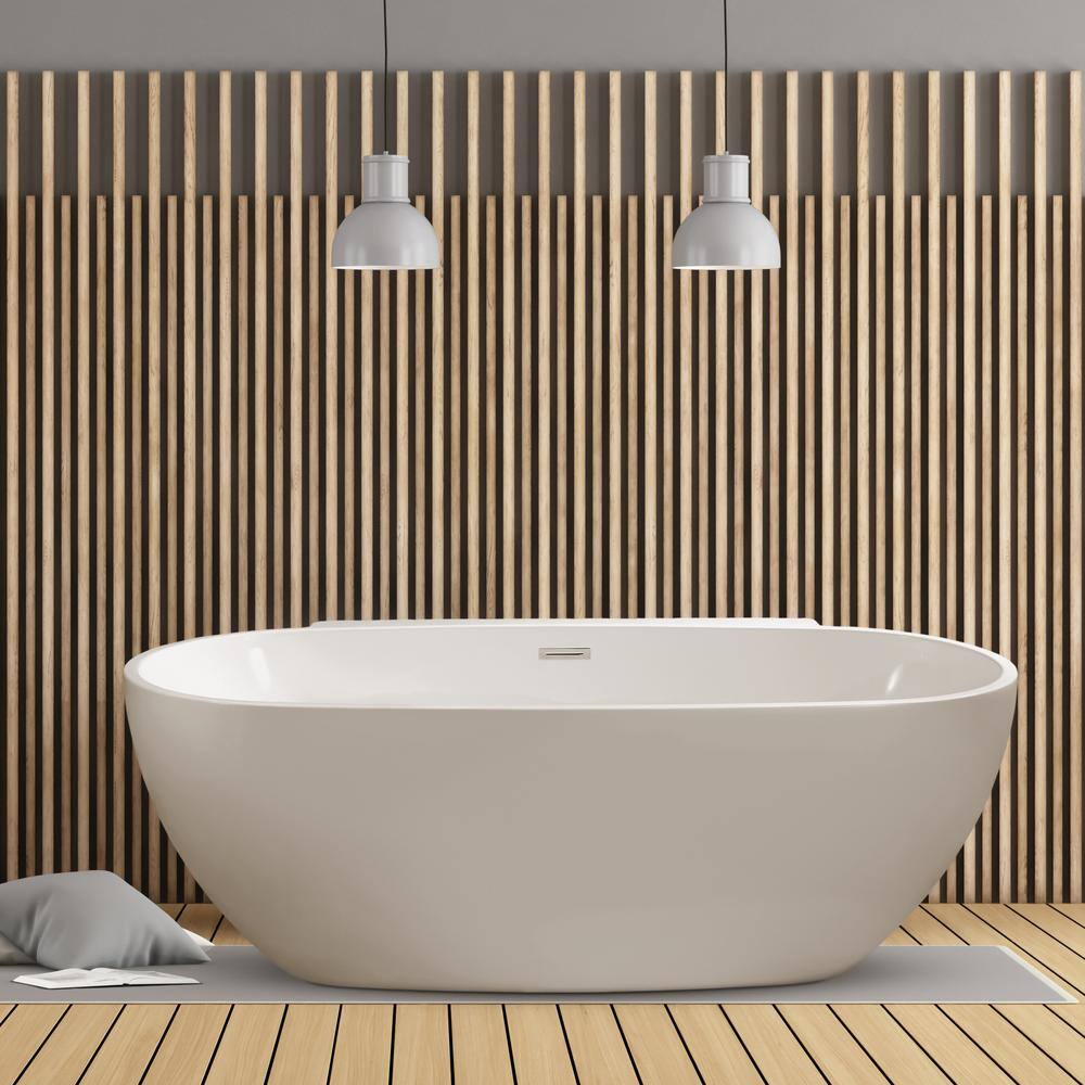 59" White Acrylic Freestanding Soaking Bathtub with Bamboo Tray