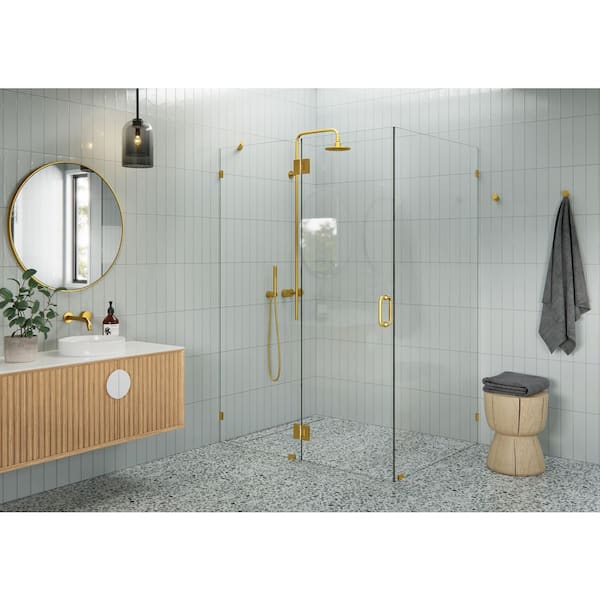 Glass Warehouse 54 in. W x 41 in. D x 78 in. H Pivot Frameless Corner Shower Enclosure in Satin Brass Finish with Clear Glass