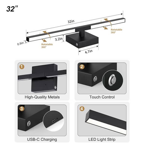 PopoIron Rechargeable Wall Sconce – 7500mAh Battery, Remote Control, 3 Color Temps + 15 RGB Colors, 360° Rotation, Dimmable, Black