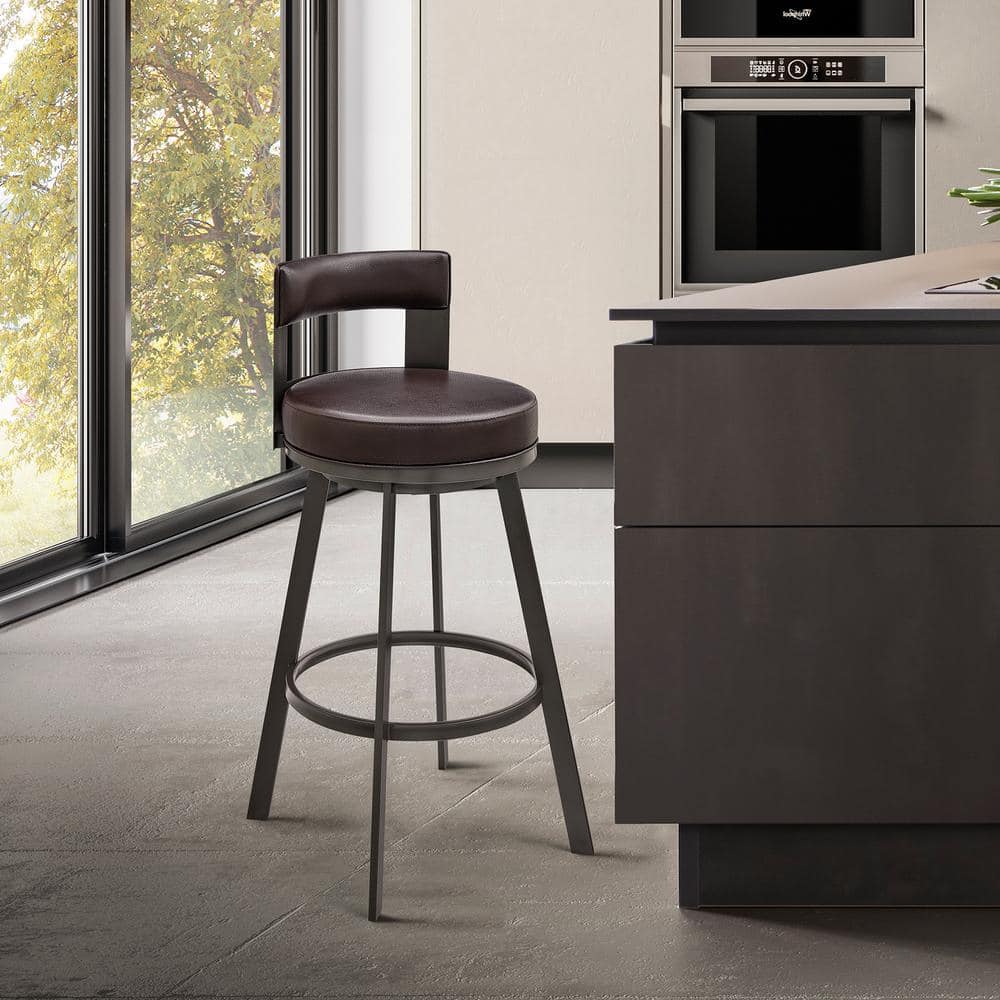 Lynof Modern Swivel Counter Stool in Brown Metal with Brown Faux Leather