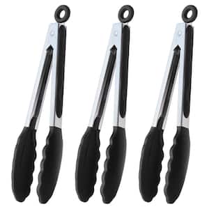 Black Silicone Tip Kitchen Cooking Tongs Set, Non-Stick Heat Resistant Stainless Steel, Serving Accessory, 3 Pack