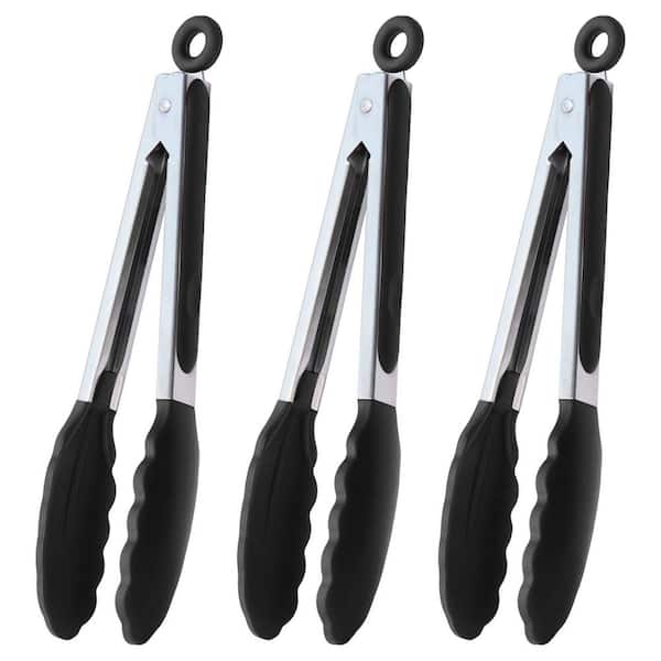 Black Silicone Tip Kitchen Cooking Tongs Set, Non-Stick Heat Resistant Stainless Steel, Serving Accessory, 3 Pack