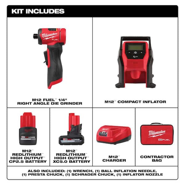 M12 FUEL 12V Lithium-Ion Brushless Cordless 1/4 in. Right Angle Die Grinder with M12 Cordless Portable Inflator