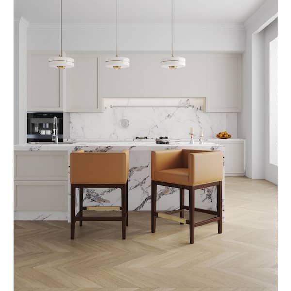 Kingsley 26 in. Camel and Dark Walnut Beech Wood Counter Stool with Faux Leather Upholstered Seat (Set of 3)