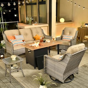Alps Gray 5-Piece Wicker Patio Rectangular Fire Pit Set with Beige Cushions and Swivel Rocking Chairs
