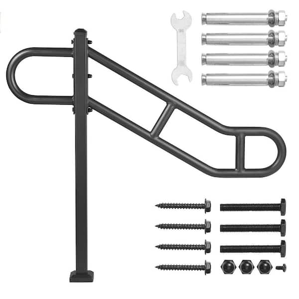 Single Post Handrail, 35.43 in. H x 3.46 in. W, Black, Steel, Stair Railing Kit, Outdoor Metal Stair Railing
