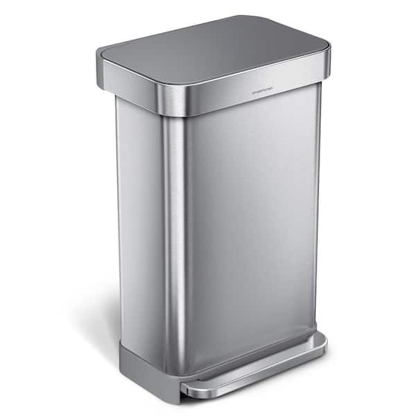 45L Rectangular Step Kitchen Trash Can with Liner Pocket, Brushed Stainless Steel with Grey Plastic Lid