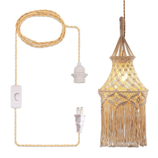 YANSUN Bohemian 1-Light White Pendant Light with Adjustable Macrame Rattan Shade, Plug-In