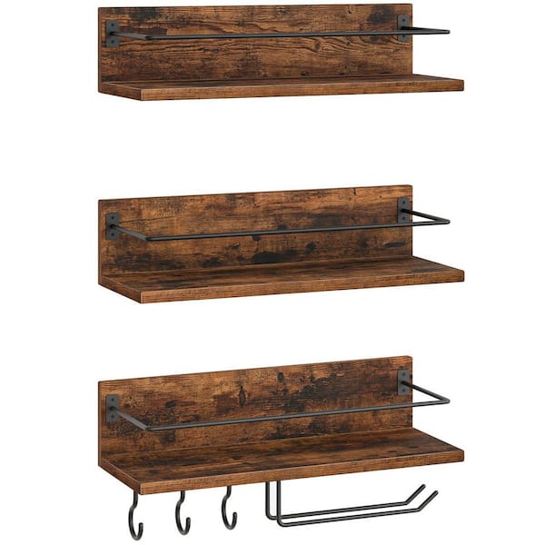 3.90 in. H x 5.90 in. W 3-Bottle Rustic Brown and Black Metal and Particleboard Wall Mounted Wine Rack with Glass Holder