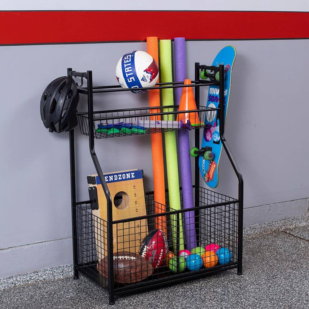 Black Steel Sports Equipment Storage Rack with Hooks and Baskets