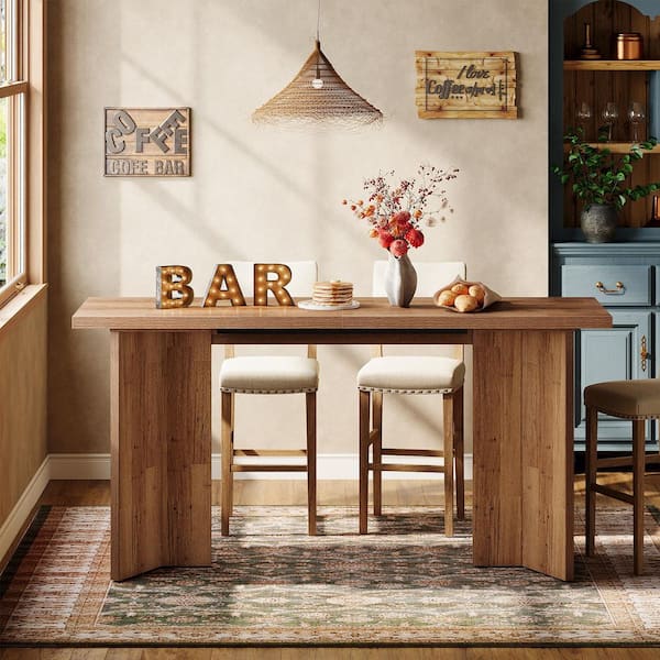 BYBLIGHT Brown Rectangle Wood in H Bar Table Seats