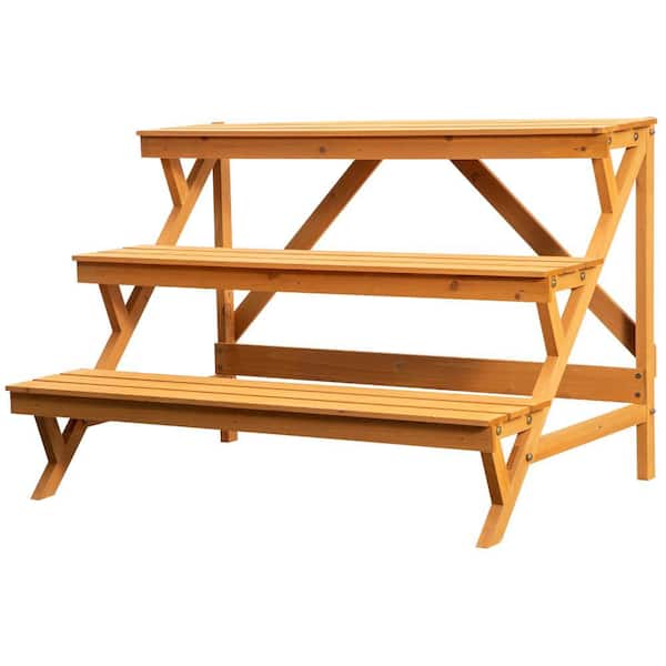 kdgarden Outdoor Solid Wood Corner Ladder Plant Stand, Storage Shelf for Balcony (3-Tier)