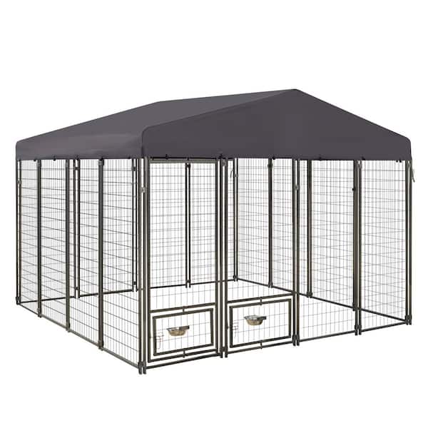 10 ft. x 10 ft. Outdoor Large Dog Kennel Pet Playpen with Rotating Feeding Door and Cover