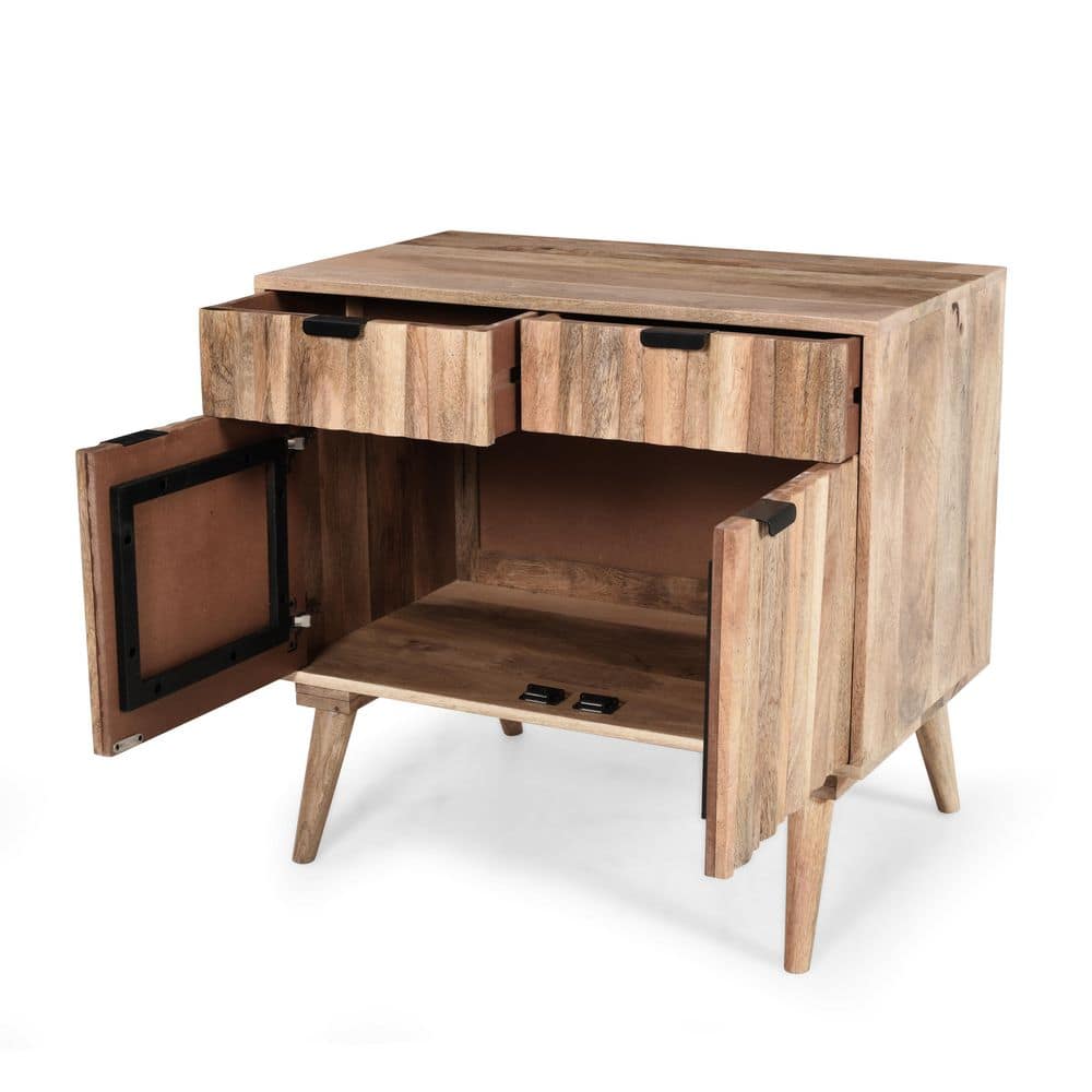 Natural Mango Wood Cabinet with Black Hardware and Drawers