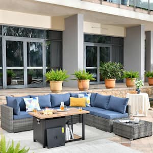 Sanibel Gray 8-Piece Wicker Outdoor Patio Conversation Sofa Seating Set with a Storage Fire Pit and Denim Blue Cushions