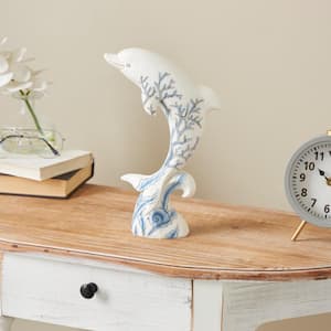 White Polystone Curved Dolphin Sculpture with Blue Coral Patterns