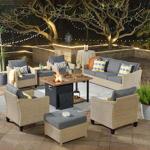 Oconee 8-Piece Wicker Modern Outdoor Patio Conversation Sofa Seating Set with a Storage Fire Pit and Dark Gray Cushions