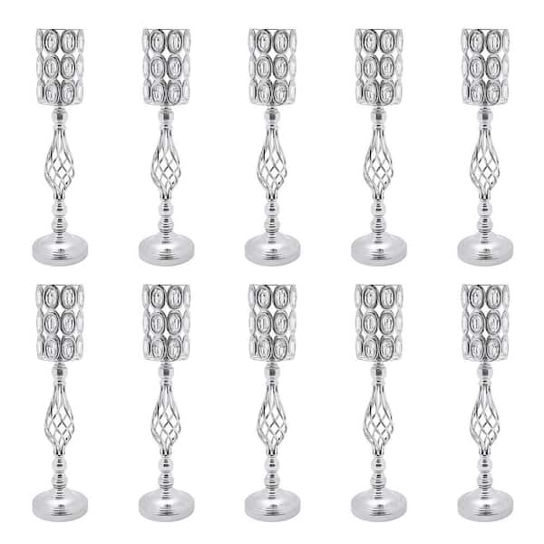 YIYIBYUS 24 in. H Silver Metal Iron Crystal Decor Vases Wedding Party Table Decoration Vases (Set of 10)