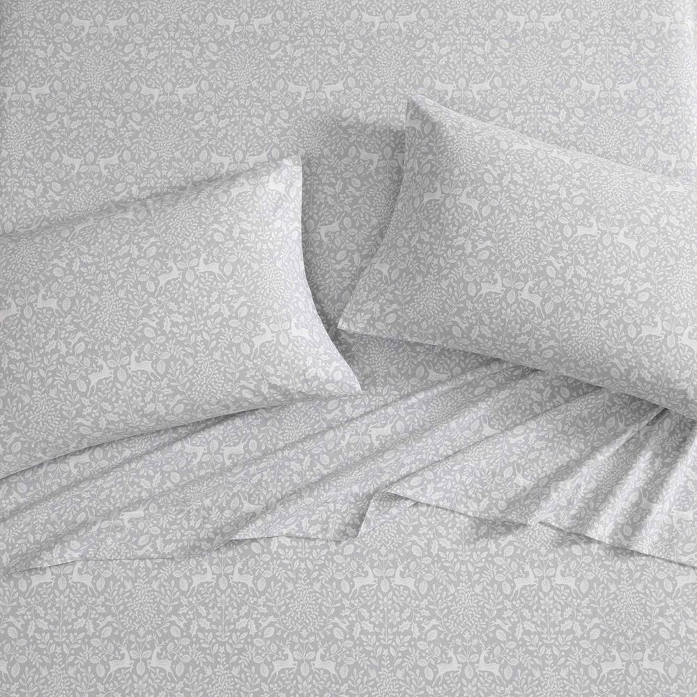 Deer Dance Grey Cotton Flannel Queen Sheet Set