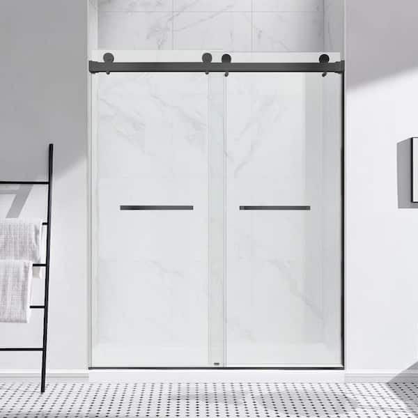 56 in.-60 in. W x 76 in. H Double Sliding Frameless Shower Door Matte Black w/Smooth Sliding,3/8 in.(10mm)Tempered Glass