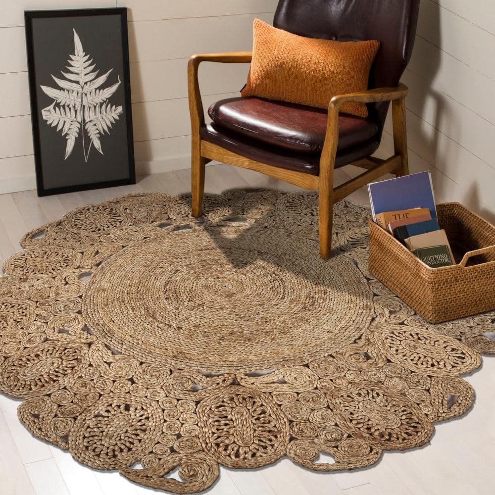 Handmade Natural Jute Round Braided Floral Area Rug