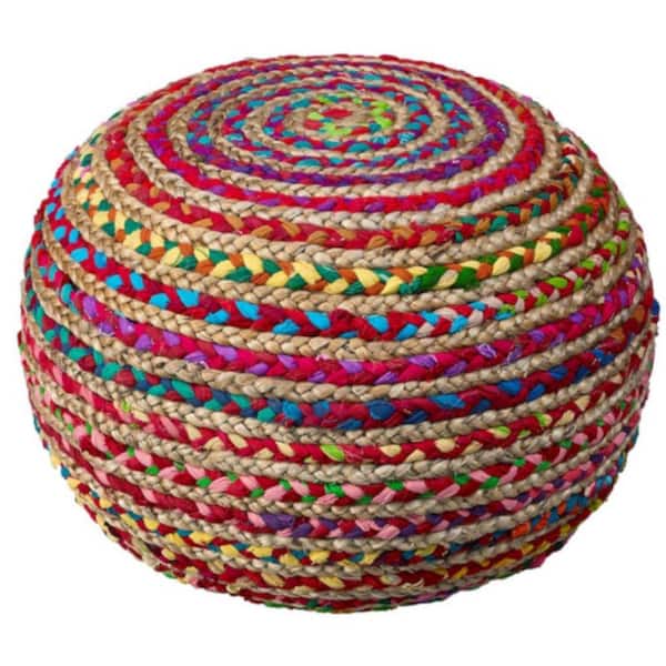 Unbranded Serena Braided Multi-Colored Striped Organic Jute Blend Pouf