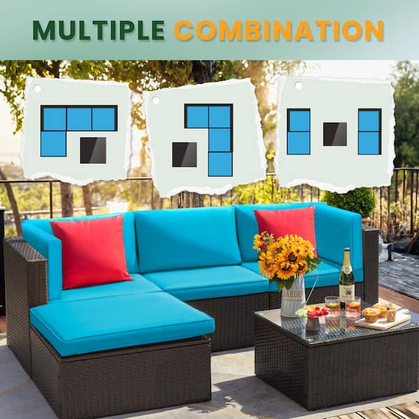 5-Pieces Wicker Patio Conversation Set Outdoor Rattan Sofa with Glass Coffee Table and Blue Cushions