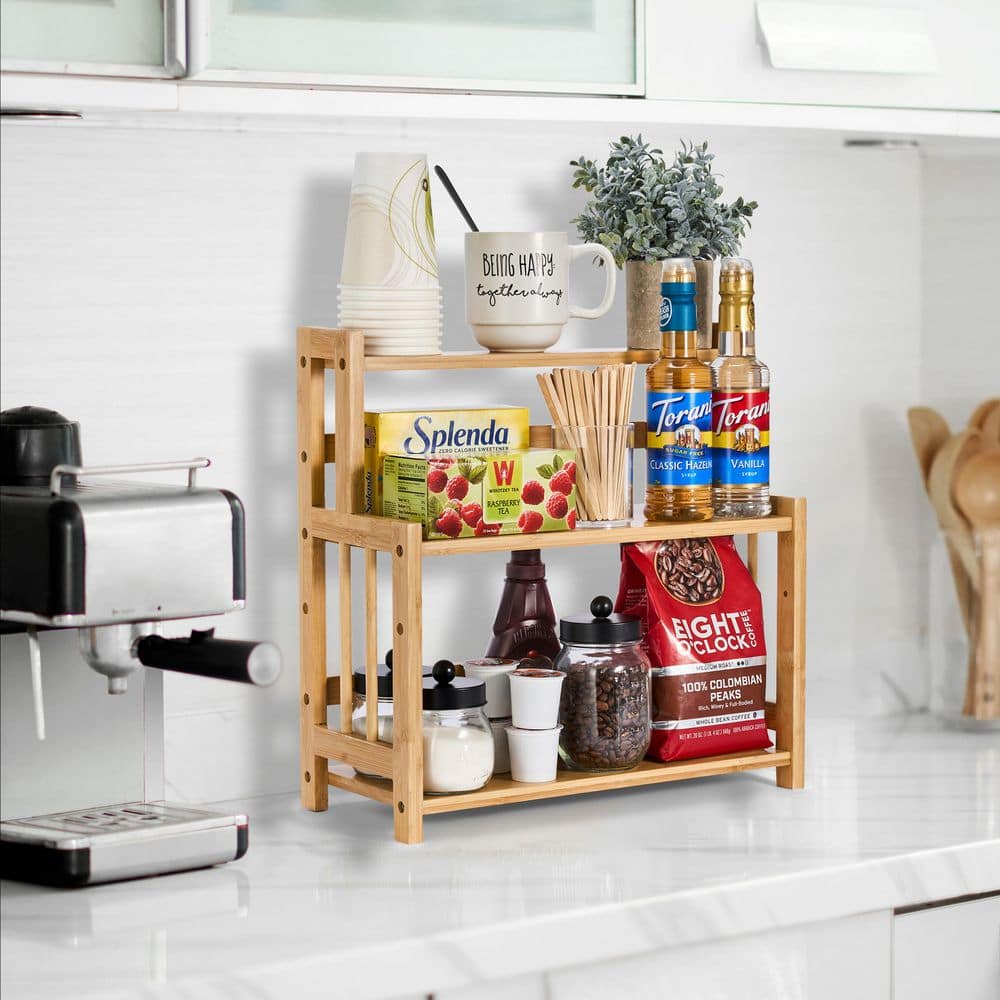 Bamboo Coffee Bar Organizer, Wooden Storage Shelf for Kitchen Countertop, C