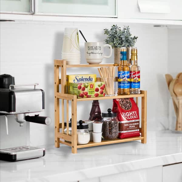 Bamboo Coffee Bar Organizer, Wooden Storage Shelf for Kitchen Countertop, Coffee Station Accessories Rack (3-Tier)