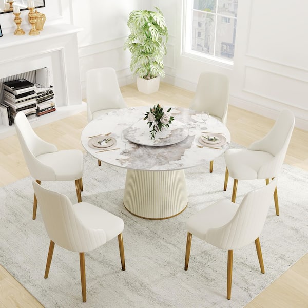 53 in. Pandora Circular Rotable Sintered Stone Tabletop with Lazy Susan Pedestal Base Kitchen Dining Table (Seats 6)