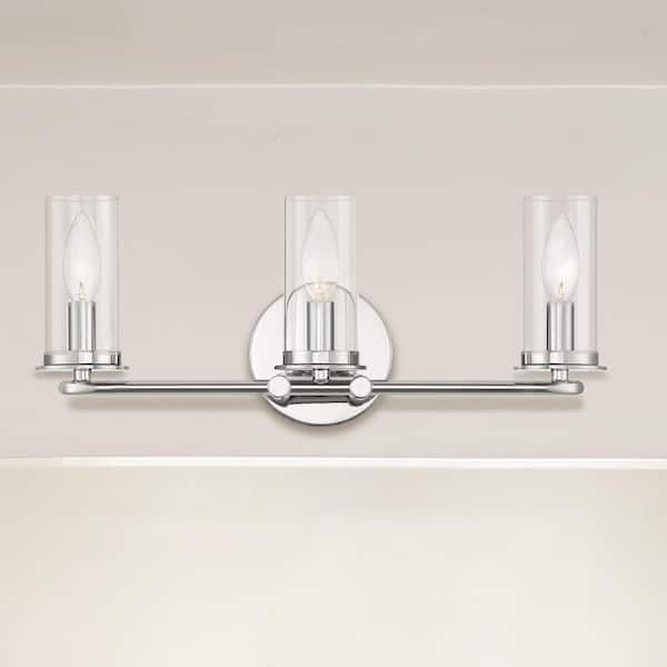 Hudson Heights 18 in. 3-Light Polished Nickel Coastal Vanity Light with Clear Glass Shades