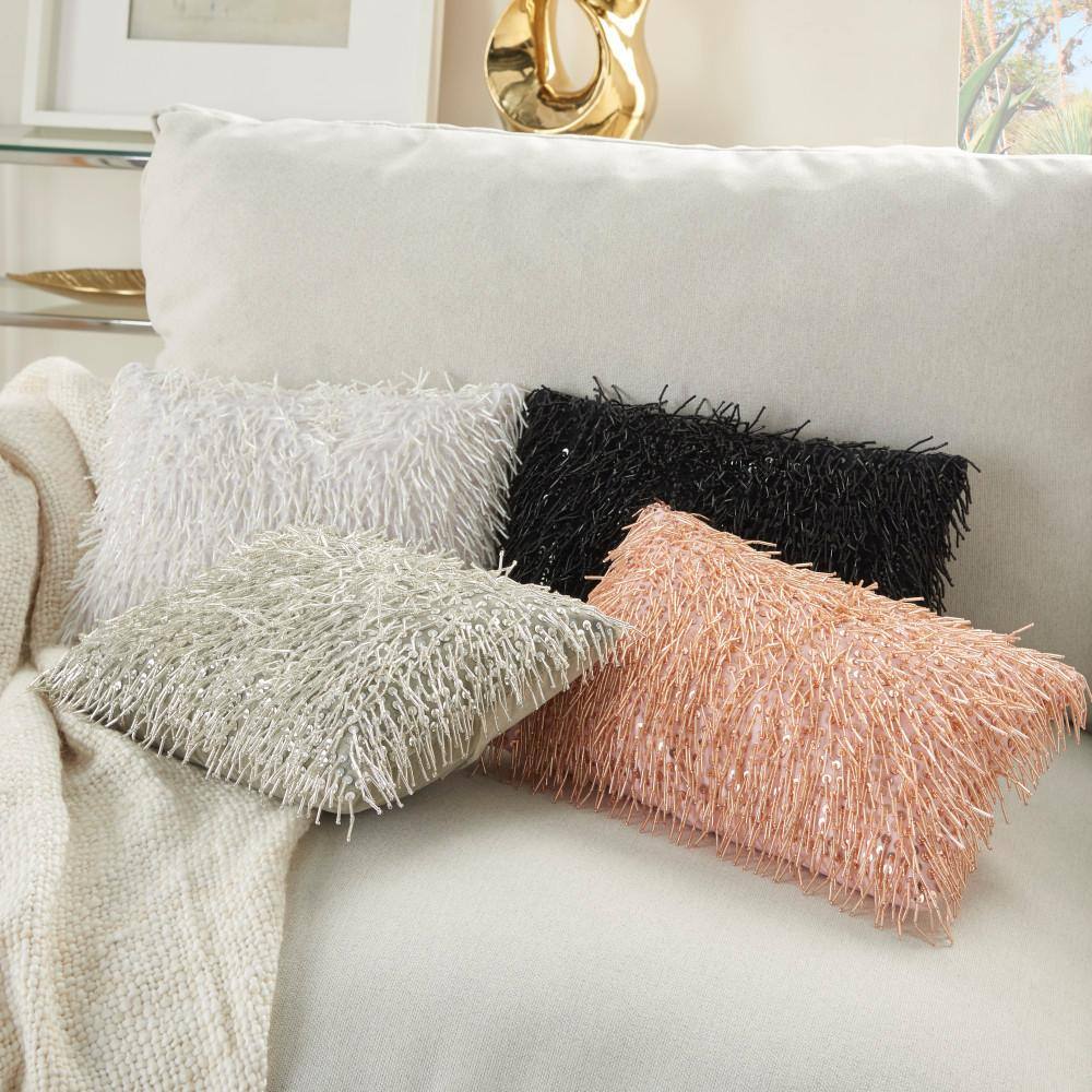 Blush Pink Beaded Tassels Lumbar Throw Pillow 10" x 14"