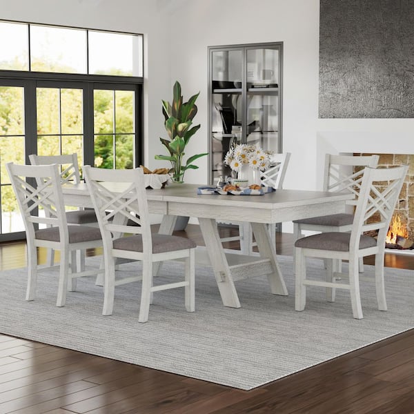 6-Piece Gray Farmhouse Dining Set with Expandable Table and Cross-Back Chairs for Family Gatherings and Holiday Dinners
