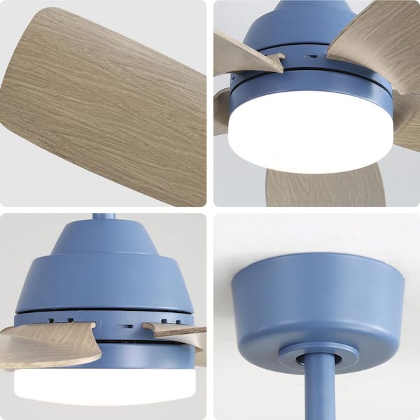 42 in. Smart Blue Indoor 6-Speed ABS Wood Grain White Blade 2-Size Downrod Mount Ceiling Fan with 3-Color Dimmable Light