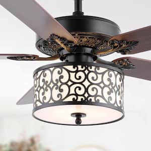 Paolo 52 in. 3-Light Farmhouse Industrial Iron Scroll Drum Shade LED Ceiling Fan With Remote, Black/White