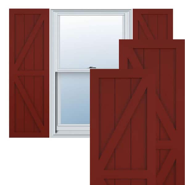 Ekena Millwork 12 in. x 77 in. True Fit PVC Two Equal Panel Farmhouse Fixed Mount Board and Batten Shutters w/Z-Bar Pair in Pepper Red