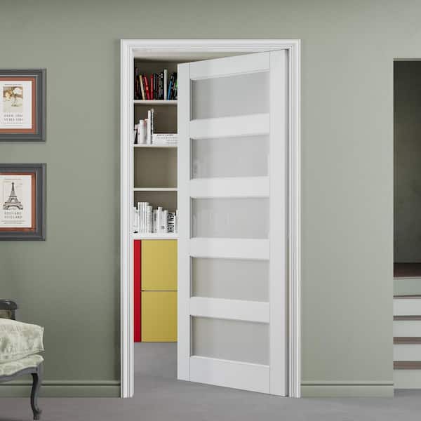 36 in. x 80 in. Solid Core 5-Lite Tempered Frosted Glass White Primed MDF Interior Door Slab without Jamb