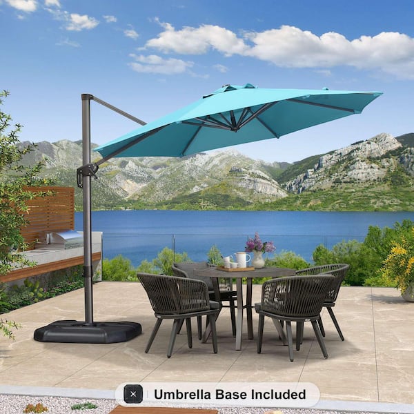 PURPLE LEAF 10 ft. Octagon Aluminum Outdoor Patio Cantilever Umbrella Offset 360° Rotation Umbrella with Base, Turquoise Blue