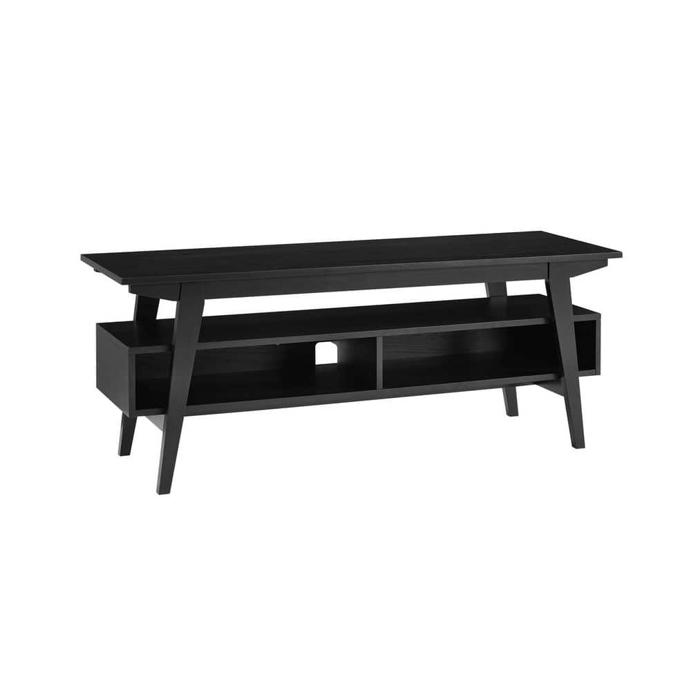 Black Solid Wood Japandi TV Stand with Open Shelving, 47 Inch