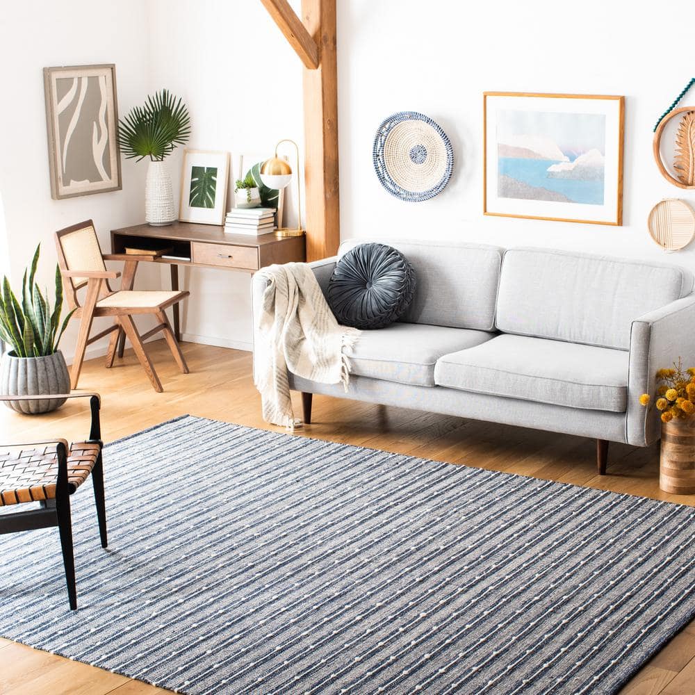 Navy Blue and White Wool Cotton Square Striped Area Rug