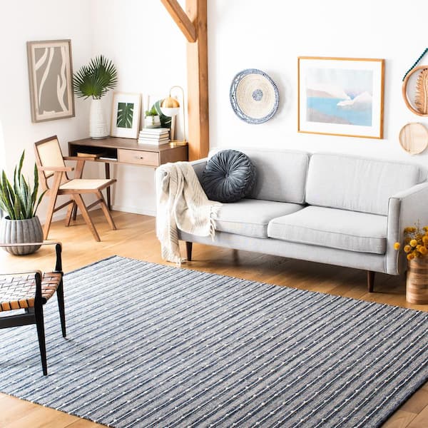 Striped Kilim Navy Blue 7 ft. X 7 ft. Striped Square Area Rug