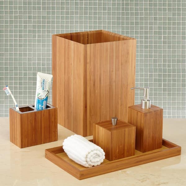 4pcs Bamboo Bathroom Accessories Soap Dispenser, Cotton Swab Holder Jars,  Toothbrush Holder, Boho Bathroom Decor Storage Box, Aesthetic Room Decor, Ho