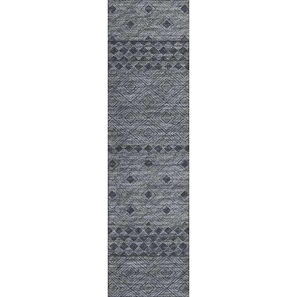 Yuma Black 2 ft. 3 in. x 7 ft. 6 in. Geometric Indoor/Outdoor Washable Area Rug