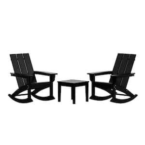 Shoreside Black HDPE Plastic Modern Rocking Poly Adirondack Chair Set of 2 With Side Table